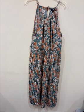 Luxe Floral Halter Pleated Dress - Teal & Rust